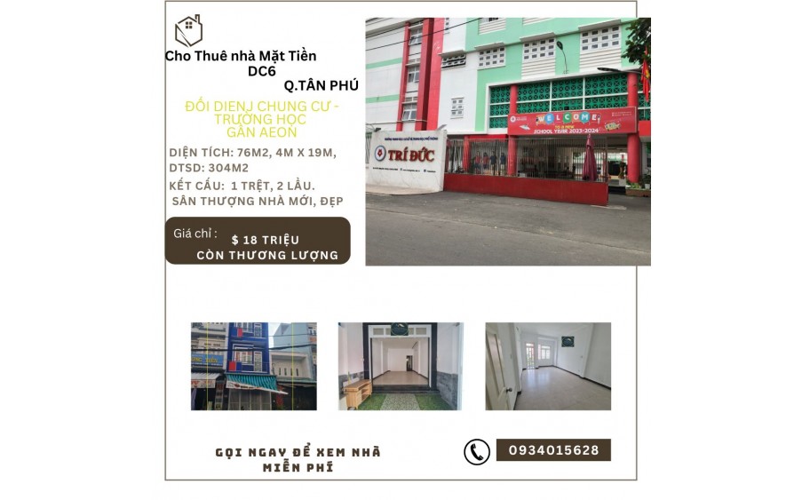Cho thuê nhà mặt tiền Gần AEON 76m2, 2Lầu + ST, 18Triệu